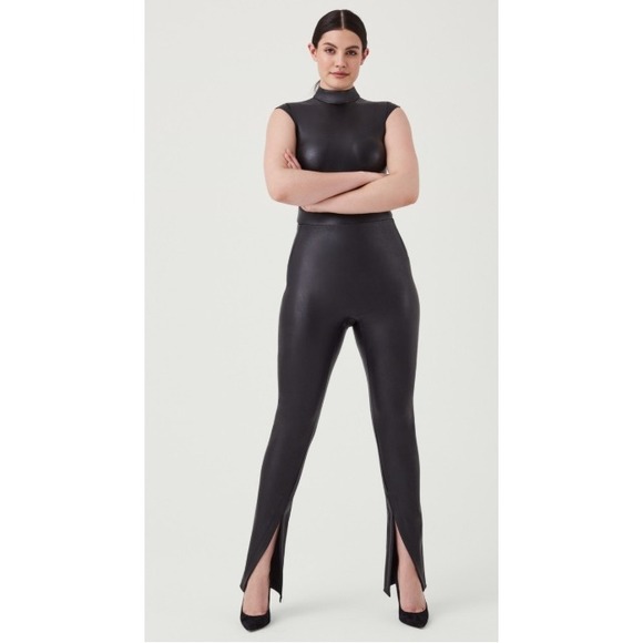 Spanx Faux Leather Leggings Tall Medium Black Split Hem 20526T Pants Night Out - Picture 1 of 11